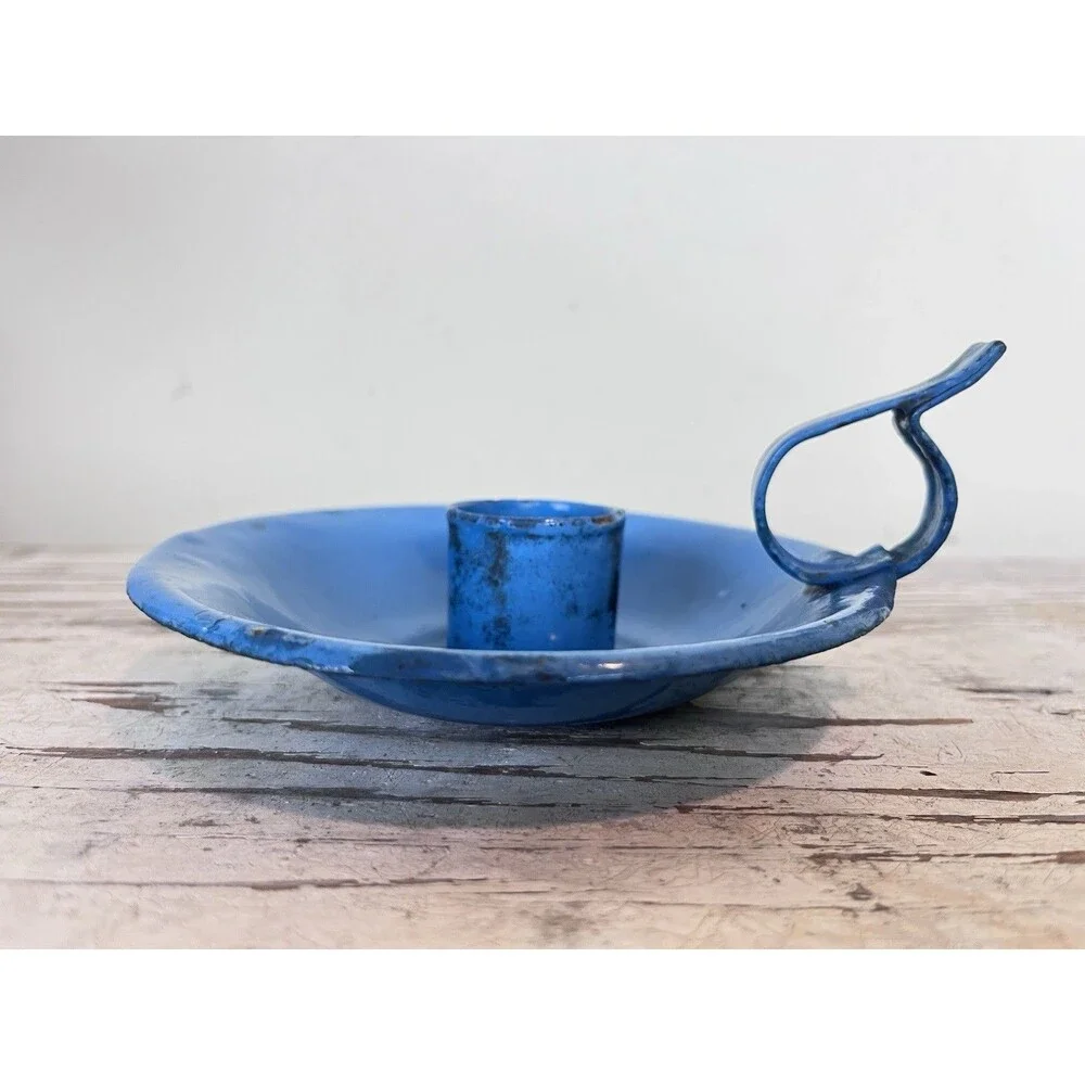 Vintage Enamelware French Farmhouse Candleholder Robin’s Egg Blue + Finger Loop